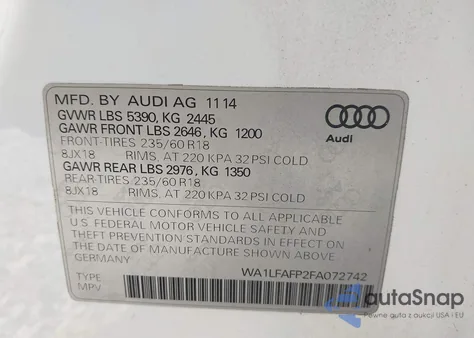 2015 Audi Q5 2.0T Premium from USA, damaged, VIN WA1LFAFP2FA072742